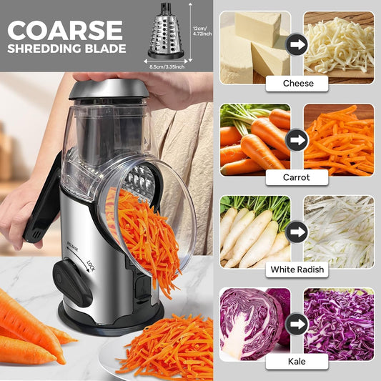 Rotary Cheese Grater with Handle - Vegetable Shredder with 3 Stainless Steel Blades & Strong Suction Base,Round Mandoline Slicer & Food Chopper for Kitchen