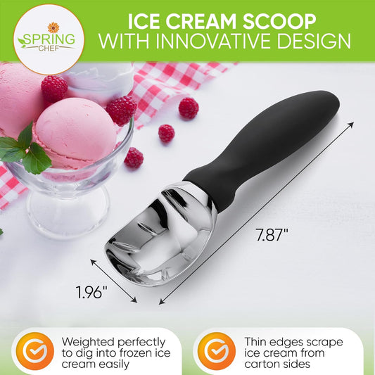 Heavy Duty Metal Ice Cream Scoop with Soft Grip Handle, Black | Professional Ice Cream Scooper for Kitchen, Dishwasher Safe Ice Cream Spoon for Gelato, Sorbet, Cookie Dough, Sundae, Melon