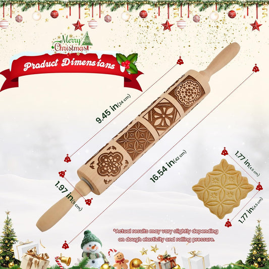Embossed Rolling Pin for Cookies, Engraved Wooden Rolling Pin for Baking, Deep Pattern Cookie Roller for Christmas, Holiday, DIY Kitchen Decor and Gift - Vintage Tile