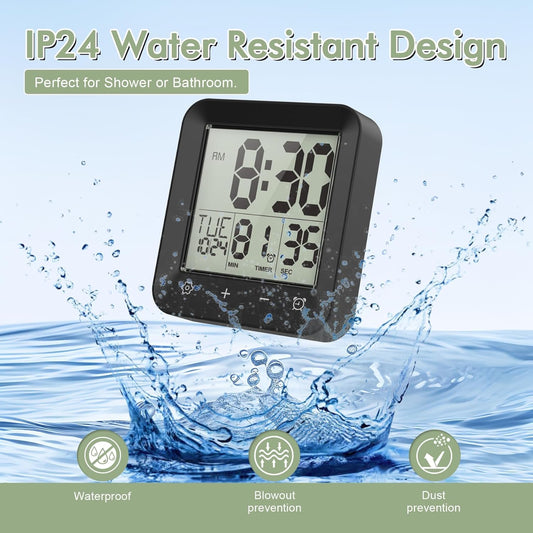 Waterproof Shower Clock, Digital Bathroom Kitchen Wall Clock Timer with Temperature, Touch Screen, Suction, Hanging Hole, Battery Operated, Black