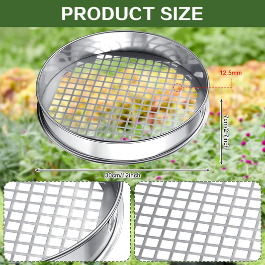 Youyole 11.81 Inch Soil Sifter Sieve for Gardening Sand Garden Dirt Sifter for Rocks Stainless Steel Soil Riddle Sieve Mesh Filter Compost Screen 12.5 mm in Hole Size Bonsai Gardening Tool