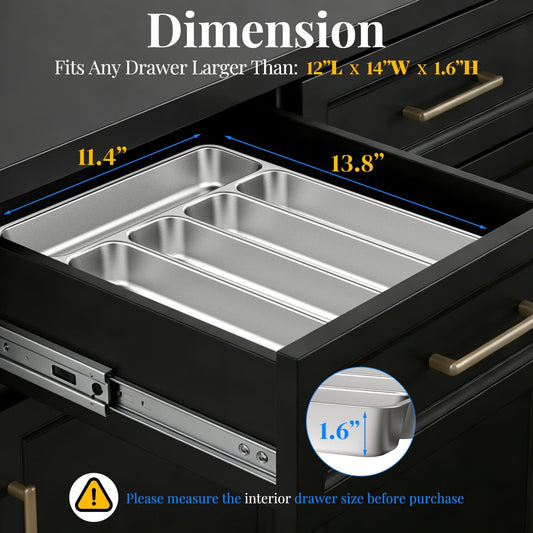 IKOCO Silverware Organizer, Stainless Steel, Dishwasher Safe for Drawer | 13.8" x 11.4" x 1.6", 5-compartment, Rust-Resistant & Non-Absorbent, Holds Spoons/Forks/Knives, Fits Standard Drawers