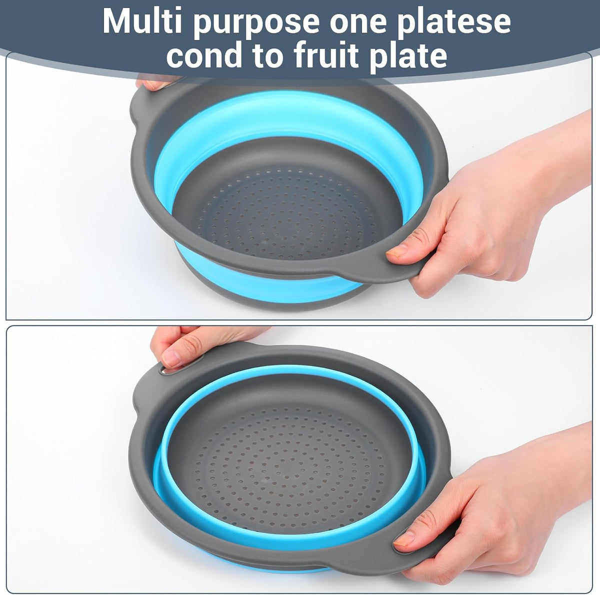 3-Pack Foldable Colander Set with Over-Sink Draining Tray, Foldable Kitchen Strainers, Space Saving Kitchen Drainer for Vegetables, Fruit, Pasta and Rice (Blue&Gray)