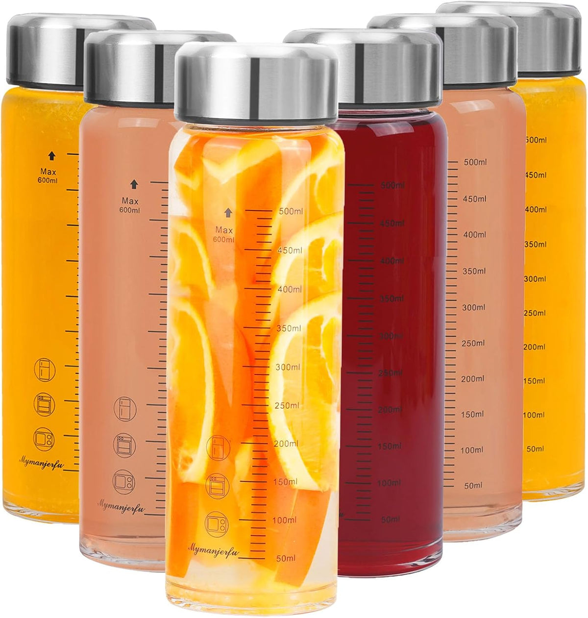 Glass Juice Bottles 16 oz - Wide Mouth Glass Water Bottles with Lids - for Juicing, Smoothies, Milk, Protein, BPA Free, Reusable, Stainless Steel Lids, Leak Proof, Shaker bottle (500 ml)
