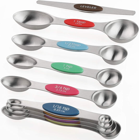 Magnetic Measuring Spoons Set of 9 Stainless Steel Dual Sided Teaspoon | Stackable Tablespoon for Measuring Dry and Liquid Ingredients Fits in Spice Jars