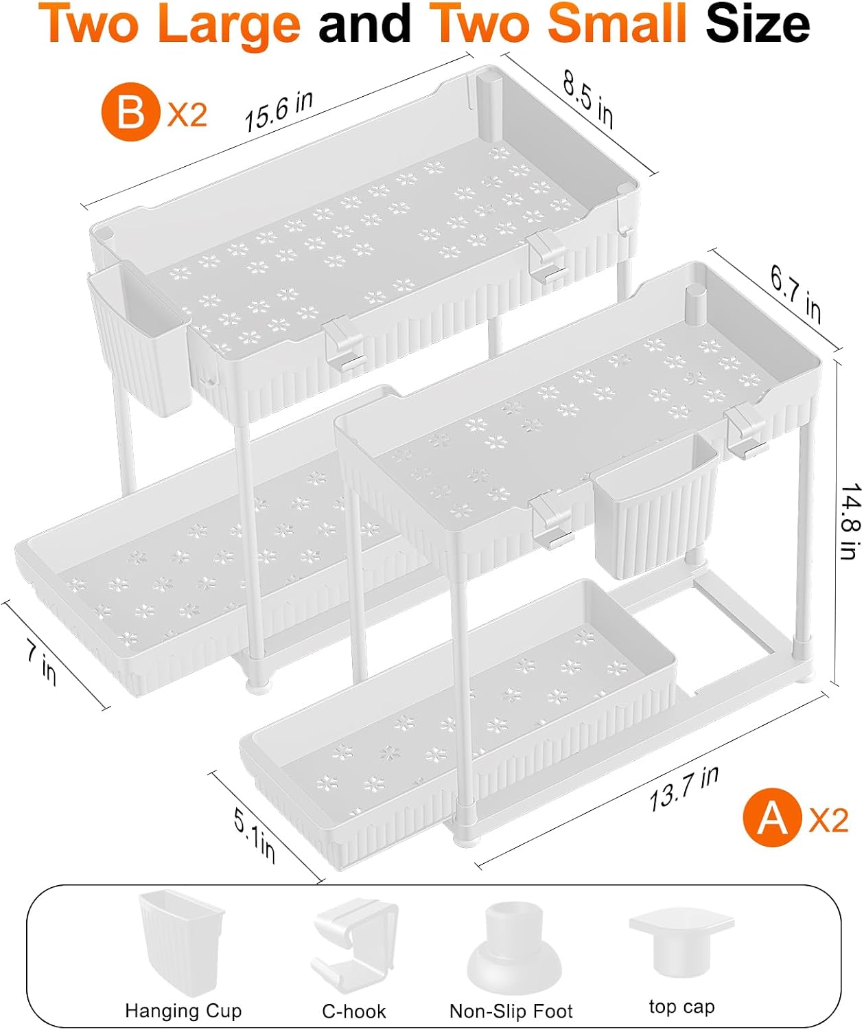 4-Pack 2-Tier Under Sink Organizer with Pull Out Drawers | Multi-use kitchen & bathroom storage. Includes hanging hooks and cups. Black, space-saving cabinet design.