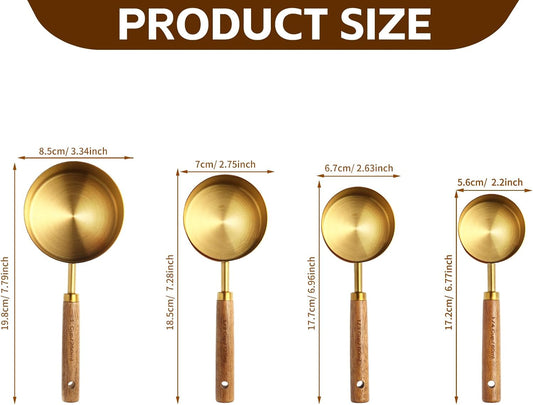 4 Piece gold measuring cups set,Golden Stainless Steel Measuring Cup and spoons set with Wooden Handle for Food/Liquid/Baking in the Kitchen
