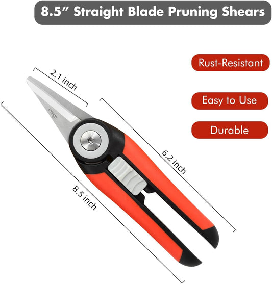 Garden Pruning Shears Floral Scissors with Straight Blade | 8.5" Precision Cutting, Stainless Steel Straight Blade, Non-Slip Grip, Flowers Herbs Bonsai Indoor Plants