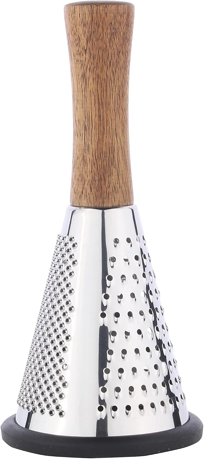 Cone Cheese Grater with Handle - Stainless Steel Triple Function Wood Handle Parmesan Shaver Non-Slip Rubber Bottom Hand Held Multifunction Vegetables Cheese Grater with container(XL:11.8" X 5.1")