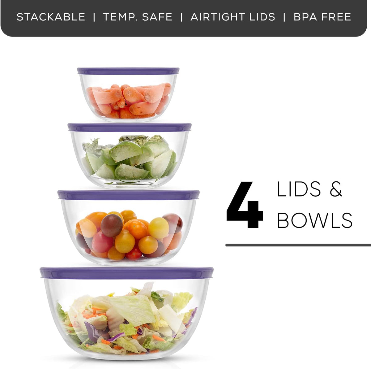 Kitchen Mixing Bowls - 8pc Glass with Lids Set – Neat Nesting Large Bowl Batter Cooking Storage and Big Salad BPA-Free Red