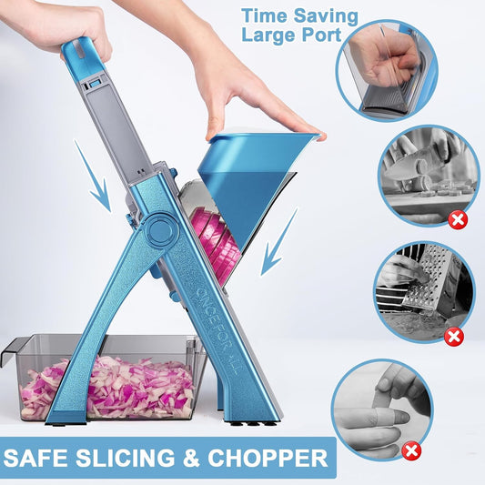 QYKIC Safe Mandoline Slicer Pro for Kitchen, Adjustable 0.1-8mm 6 in 1 Blue | Potato Slicer Onion Chopper Fry Cutter Julienne Dicer Large Chute Stainless Steel Blades Detachable Dishwasher Safe Gifts