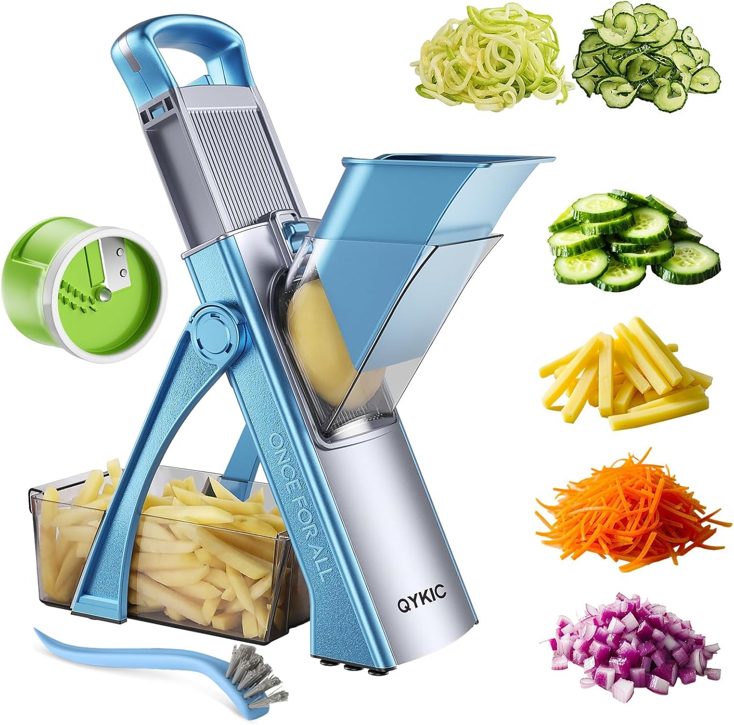 QYKIC Safe Mandoline Slicer Pro for Kitchen, Adjustable 0.1-8mm 6 in 1 Blue | Potato Slicer Onion Chopper Fry Cutter Julienne Dicer Large Chute Stainless Steel Blades Detachable Dishwasher Safe Gifts