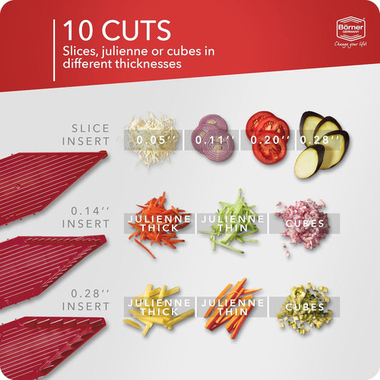 Mandoline Slicer V5 (Professional Set) • Adjustable Vegetable Slicer (7-piece) • 10 Cutting Styles • Kitchen Slicer incl. Docking Station • Stainless Steel V-Blade • Color: Red