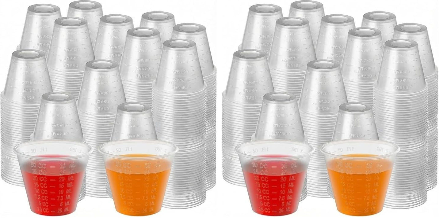 Disposable Medicine Cups Graduated, Bulk Pack of 100, 1 oz (30ml) Small Plastic Measuring Cup for Liquid Medication, Paint, epoxy, Pill and Resin.