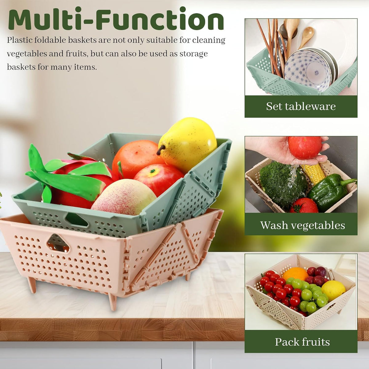 Plastic Collapsible Strainers and Colanders, Foldable Food Strainer for Kitchen, Space-Saving Folding Drain Basket Bowl for Pasta Fruit Vegetables Drainage Storage Dishwasher (Green)