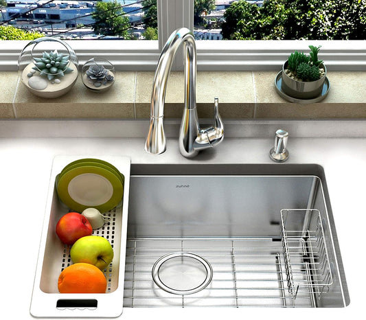 Zuhnë Reeva Over-the-Sink Colander Set of 2 - Fits 15 to 17 in Bowls | Wheat Fiber Composite, BPA Free, Soak and Rinse Bins, Stackable, Dishwasher Friendly, Light Grey, Non-Slip Texture