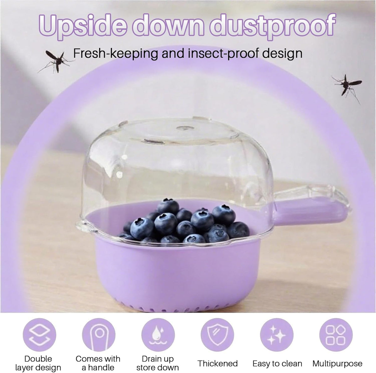 Kitchen Dual-Layer Draining Basket With Handle, Small Fruit Spinner And Strainer, Mini Colander, Dual Layer Rinser, Watermelon Bowl Strainer Container For Berries, Vegetables, Fruits (Purple)
