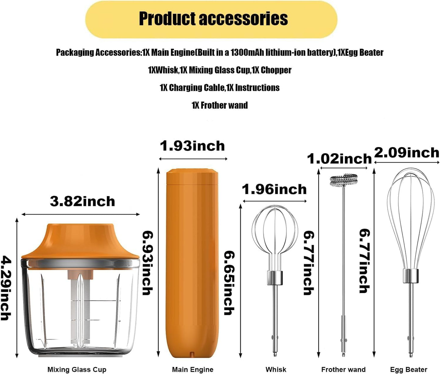 Cordless Hand Mixer MixgoII, Handheld Mixer Electric Whisk & Milk Frother, Hand Held Mini Mixers, Rechargeable Hand Mixer and Whisker, Food Processor for Cooking, Food Chopper, 4-Speed, 10Oz