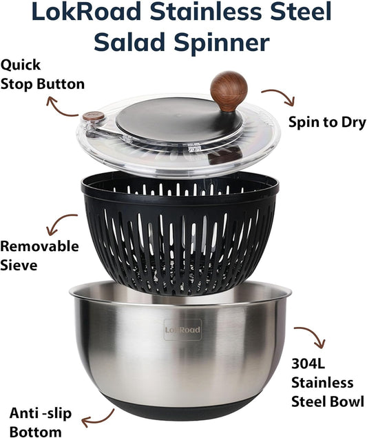 Stainless Steel Salad Spinner, 5.3 Qt Large Lettuce & Vegetable Cleaner with Non-Slip Bottom, Quick Stop Button, Dishwasher Safe Fruit Washer, BPA-free, Black