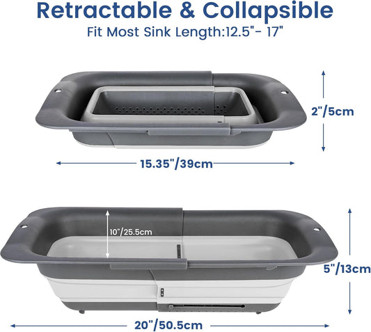 Collapsible Colander Strainer, Expandable Over the Sink Colander for Kitchen, Adjustable Silicone Sink Strainer, Foldable Large Colanders Basket to Wash Vegetable, Fruit, 15" to 19.8", Gray