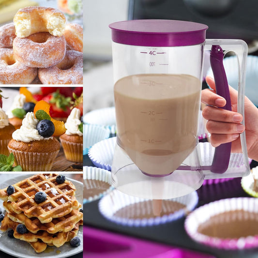 Pancake Batter Dispenser, Kitchen Must Have Tool for Perfect Pancakes, Cupcake, Waffle, Cake & Crepe, Batter Separator Maker with Measuring Label, Easy Pour Baking Supplies for Griddle (Purple)