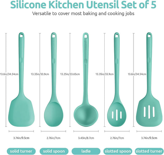 Silicone Kitchen Cooking Utensil Set of 5, 13.6" Long, Aqua Sky