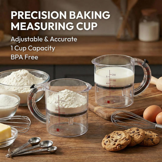 Adjustable 4-in-1 measuring cup with double scale (ml/oz) push bottom design, used as a multi in 1 measuring tool for baking and cooking