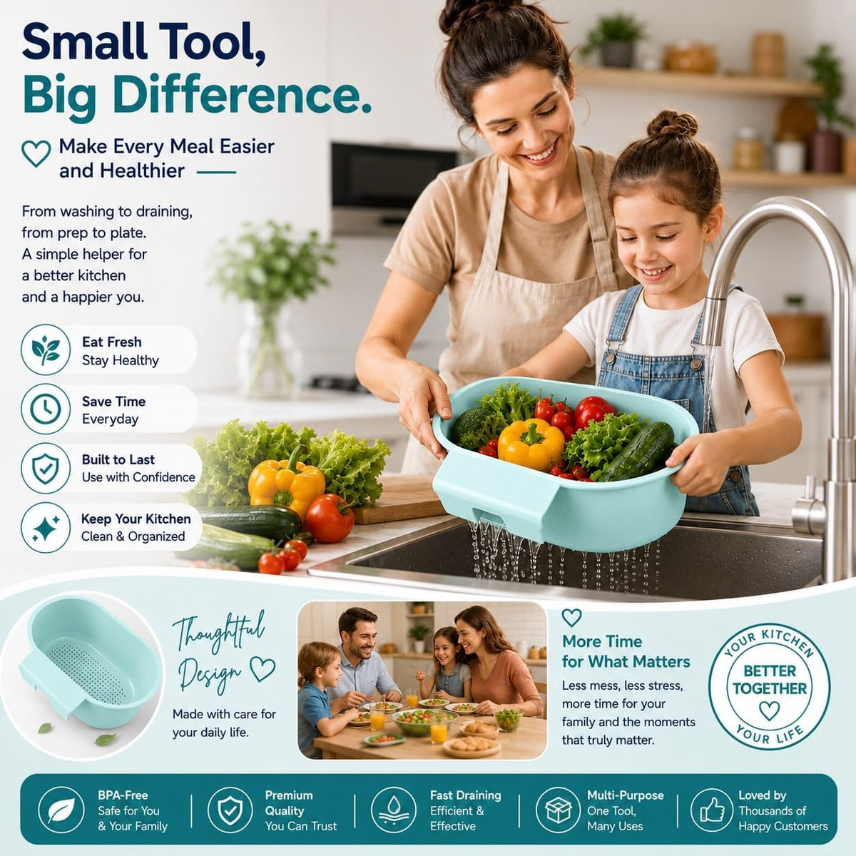 Over Sink Colander with Handle 9.5" × 6.5" × 3.9" – Kitchen Sink Strainer Basket for Washing Fruits & Vegetables, Draining Pasta, Defrosting Food & Drying Dishes, BPA-Free Dishwasher Safe, Light Blue