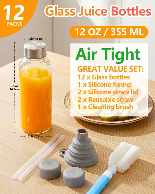 Zukro Glass Juice Bottles with Stainless Steel Lids 12 oz, Leak Proof | Airtight, Reusable Clear Small Glass Container with Straw for Juicing, Smoothie, Milk, BPA Free, Fridge Safe, Set of 12