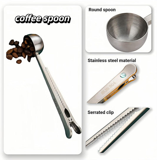 Stainless Steel Coffee Scoop&Seal Clip,2-in-1 Measuring Spoon for Ground Coffee,Tea, Sugar,Airtight Kitchen Storage,Dishwasher Safe,6.69-inch Length,Serrated Sealing Clip