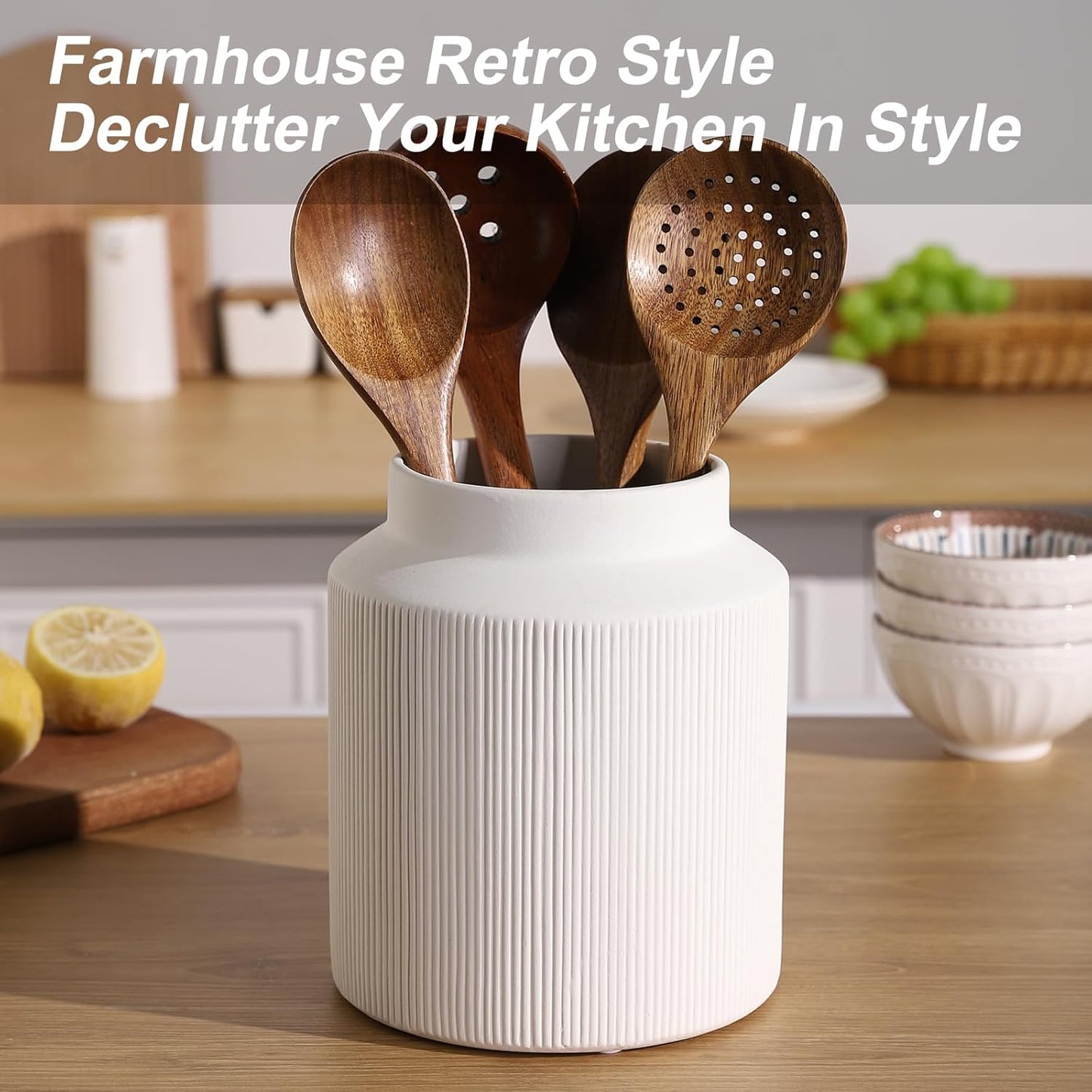 Farmhouse Ceramic Farmhouse Kitchen Utensil Holder for Countertop, Rustic Cooking Utensil Holder Crock Fit for Kitchen Counter. 6.1 x 6.1 x 7 IN