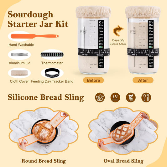 Sourdough Starter Kit with Banneton Bread Proofing Basket Set, 9" Round & 10" Oval Proofing Basket, Sourdough Bread Baking Supplies with Starter Jar, Bread Lame, Dough Whisk and Baking Tools