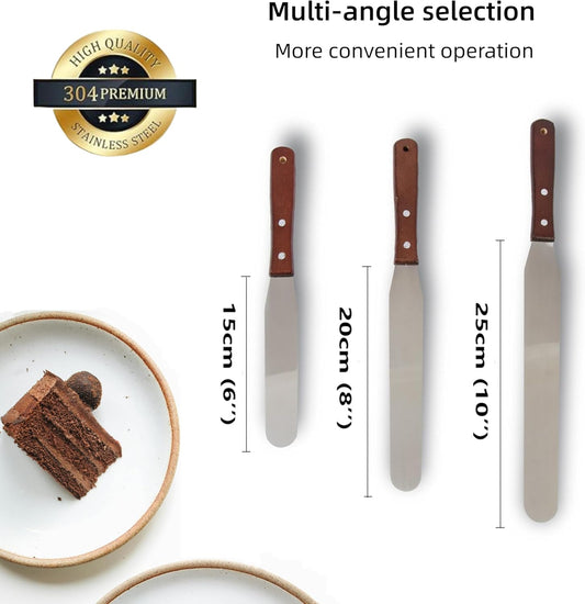 Straight Icing Spatula Stainless Steel Baking Set of 6", 8" & 10" Wooden Handle Cake Decorating Frosting Spatulas