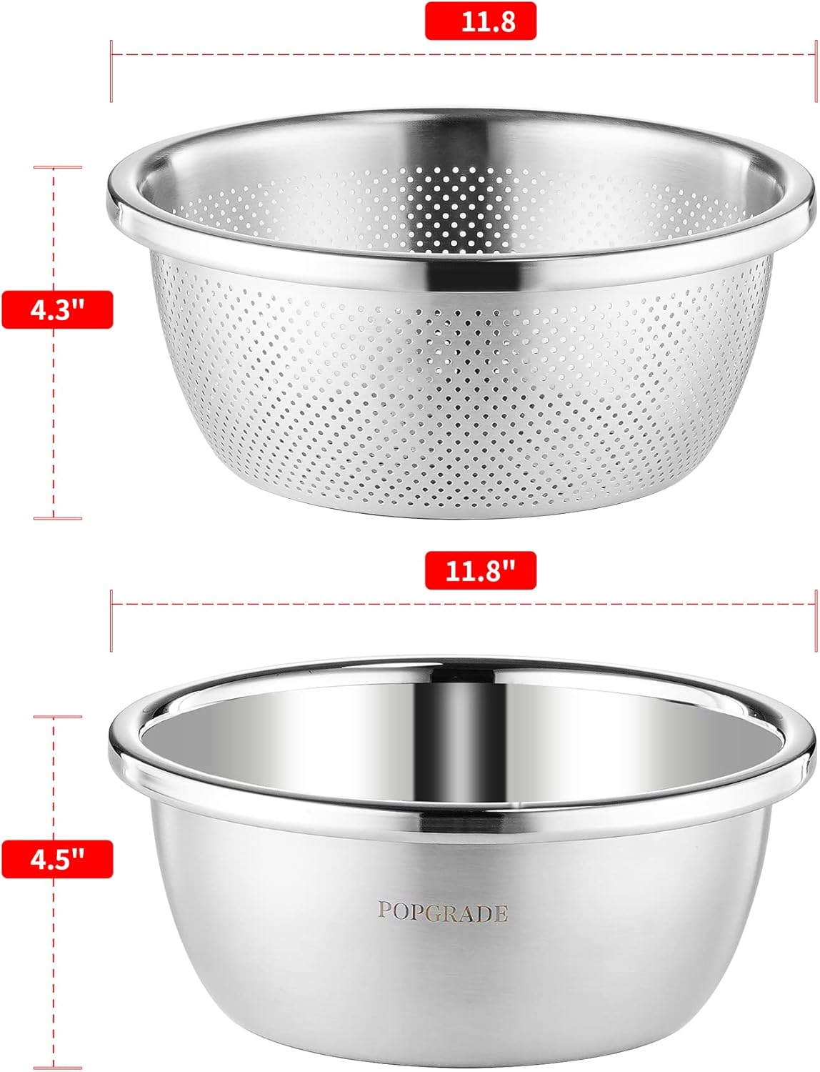304 Stainless Steel Colander 2QT Microporous Colander & Mixing Bowl for Kitchen Cooking,Rice Strainer with Washing Bowl for Pasta Straining,Fruit Washing,Vegetable Draining(2PCs)