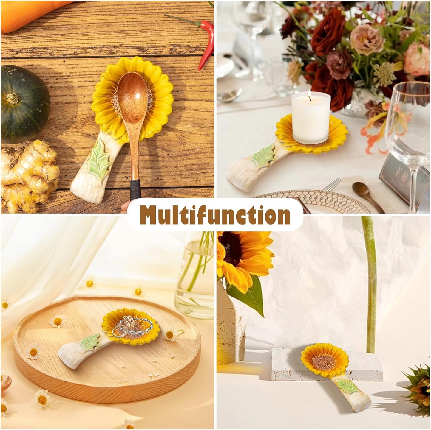 2 Pack Spoon Rest for Stove Top, Sunflower Ceramic Spoon Holder for Kitchen Counter Cooking Utensil Ladle Spatula Holder Cute Spoon Rest Sunflower Kitchen Decor Items House Warming Birthday Gift
