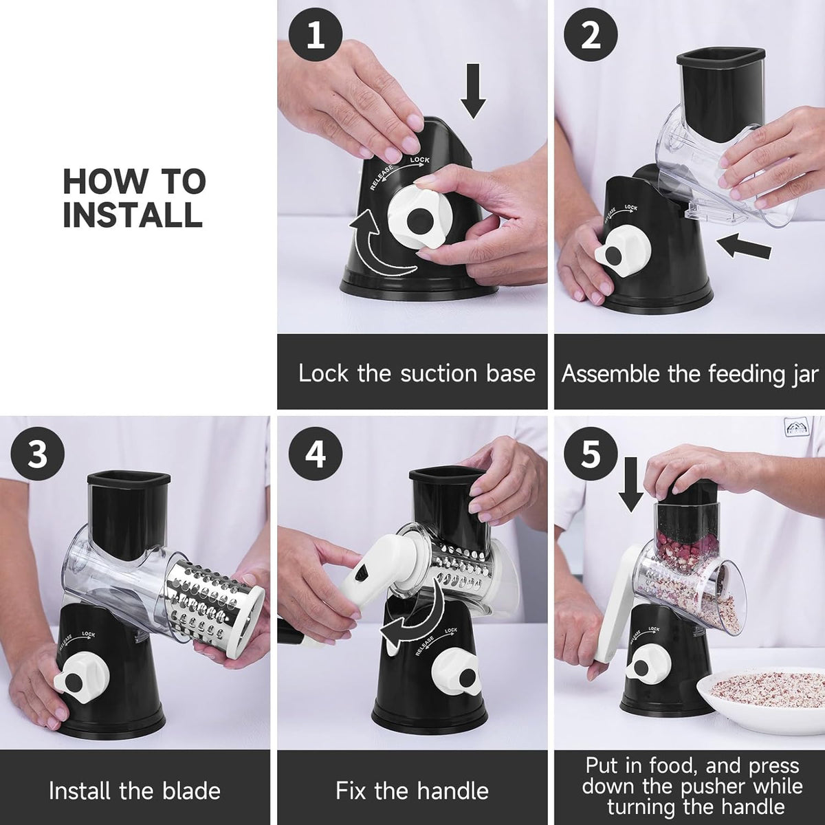 Cheese Grater Hand Crank Rotary, 3 Blades with Strong Suction Base | Vegetable Slicer, Mandoline Slicer for Kitchen, 3 Interchangeable Blades, Easy to Clean Grater for Vegetables, Nuts, Black