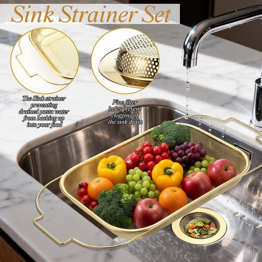 3 Pcs Gold over the Sink Colander and Strainer for Kitchen, Sink Strainer Basket, Collapsible Basket for Kitchen, Fruit Pasta Food Expandable Plastic Colander with Drain Stainless Steel