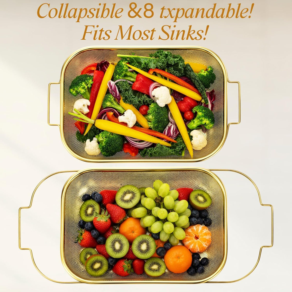 3 Pcs Gold over the Sink Colander and Strainer for Kitchen, Sink Strainer Basket, Collapsible Basket for Kitchen, Fruit Pasta Food Expandable Plastic Colander with Drain Stainless Steel