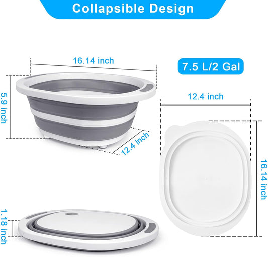 Collapsible Wash Basin, 7.5L Dish Tub Sink Basin Folding Dish Pans for Kitchen Sink, 2-in-1 Dishpan + Cutting Board, Portable Sink Dish Basin for Camping BBQ Prep Tub Washing Bin with Drain Plug + Lid