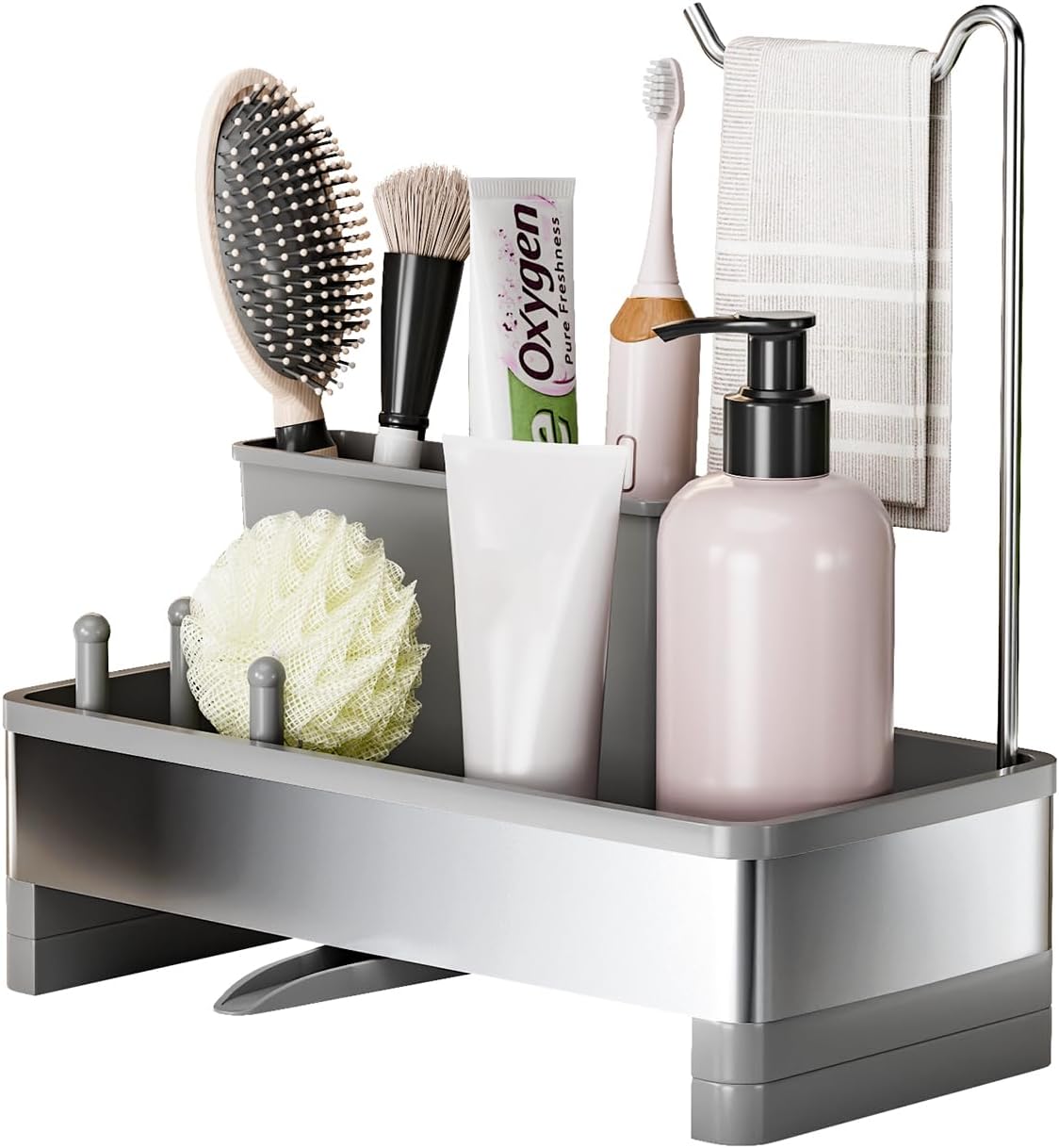 Ewaiira Stainless Steel Sink Caddy, Sponge Holder for Kitchen Sink 9.8″ | with Brush Holder and Towel Rack, Sink Organizer for Countertop, Soap Kitchen Organizers Storage Essentials, Black
