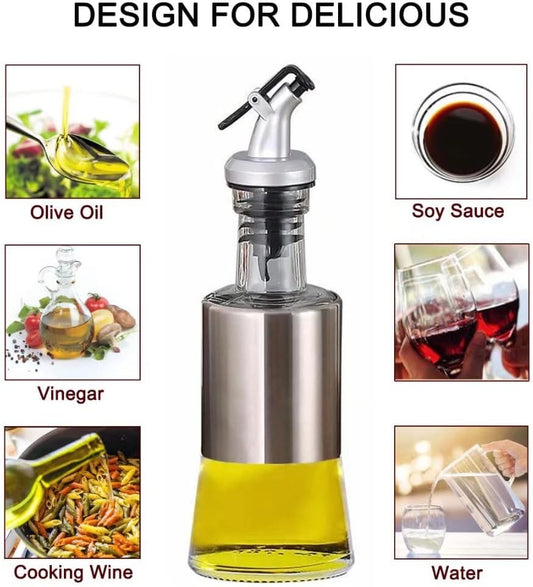 Olive Oil Dispenser Vinegar Cruet with No-drip Spout 7oz Capacity | 7oz (200ml) Capacity Glass & Stainless Steel Body