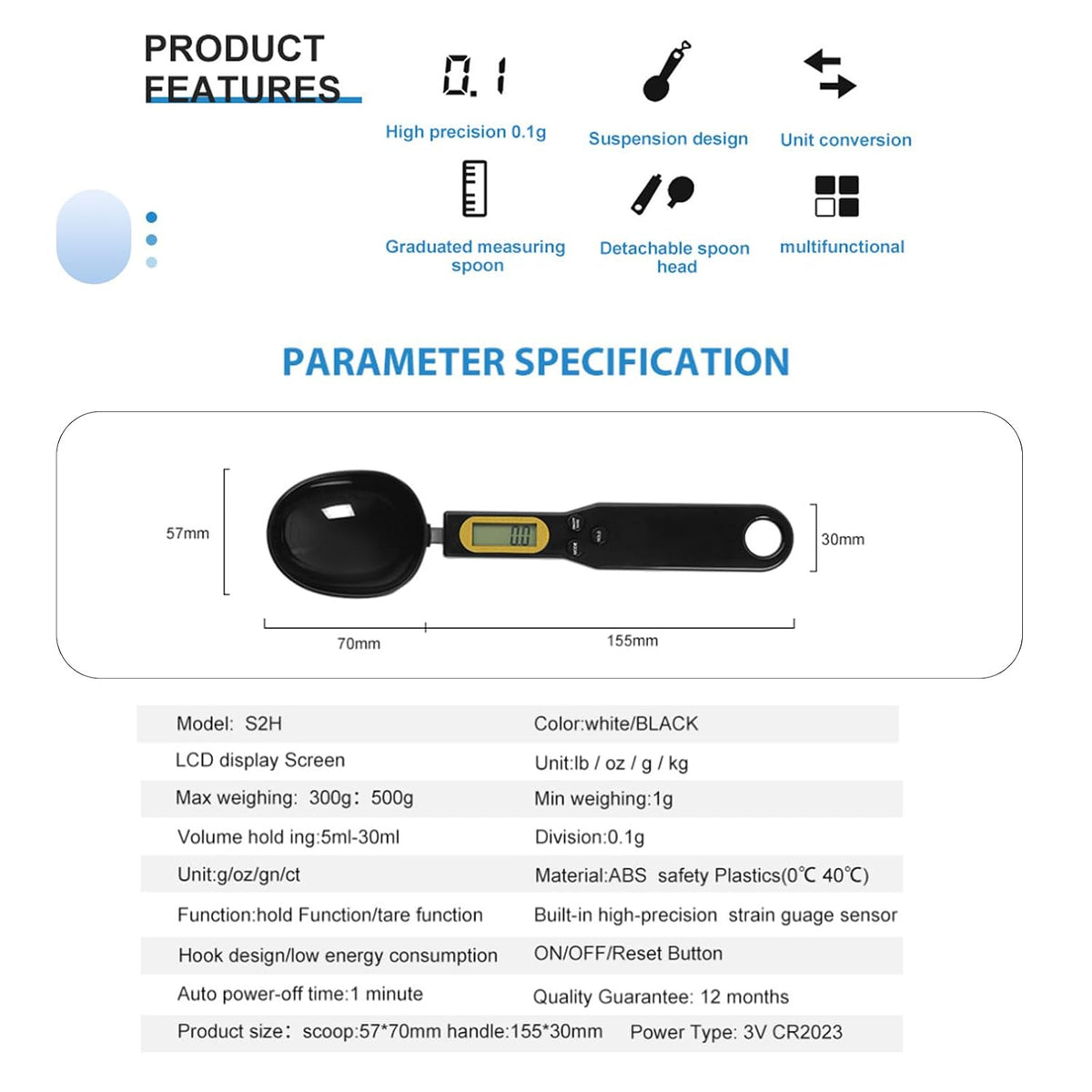 Food Measuring Spoon, Digital Kitchen Scale, high-Precision Small Scale, Handheld use, with Weight Removal Function (White)
