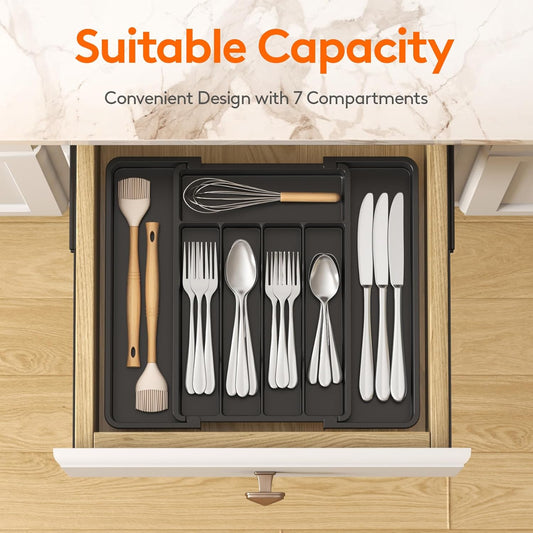 Expandable Silverware Organizer, Plastic Utensil Tray for Kitchen Drawer, BPA Free Flatware Cutlery Holder, Space-Saving Storage for Spoons Forks Knives, 8-13.8 x 11.2 x 1.4 inch, Black