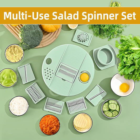 Large Capacity Multi-Function Salad Spinner with Quick Stop Button, Salad Spinner Stainless Steel, Salad Spinner Large, with 5 Blade Slicer Egg Yolk Strainer Shredder (Green)