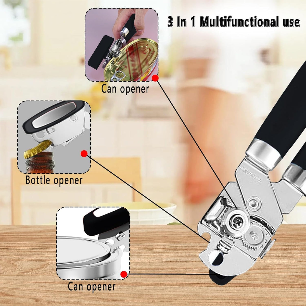 Multifunctional Stainless Steel Manual Can Opener and Bottle Opener, Heavy Duty Hand Held Can Opener with Easy Turn Knob, Sharp Blade Smooth Edge, Good Grips Kitchen Tool for Seniors (Black)