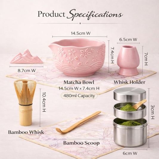 Pink Matcha Whisk Set, 7 Piece Matcha Set Includes Matcha Bowl, Matcha Whisk and Holder, Bamboo Scoop, Scoop Rest, Sifter and Storage Container, Cute Matcha Gift Set for Women & Matcha Lovers