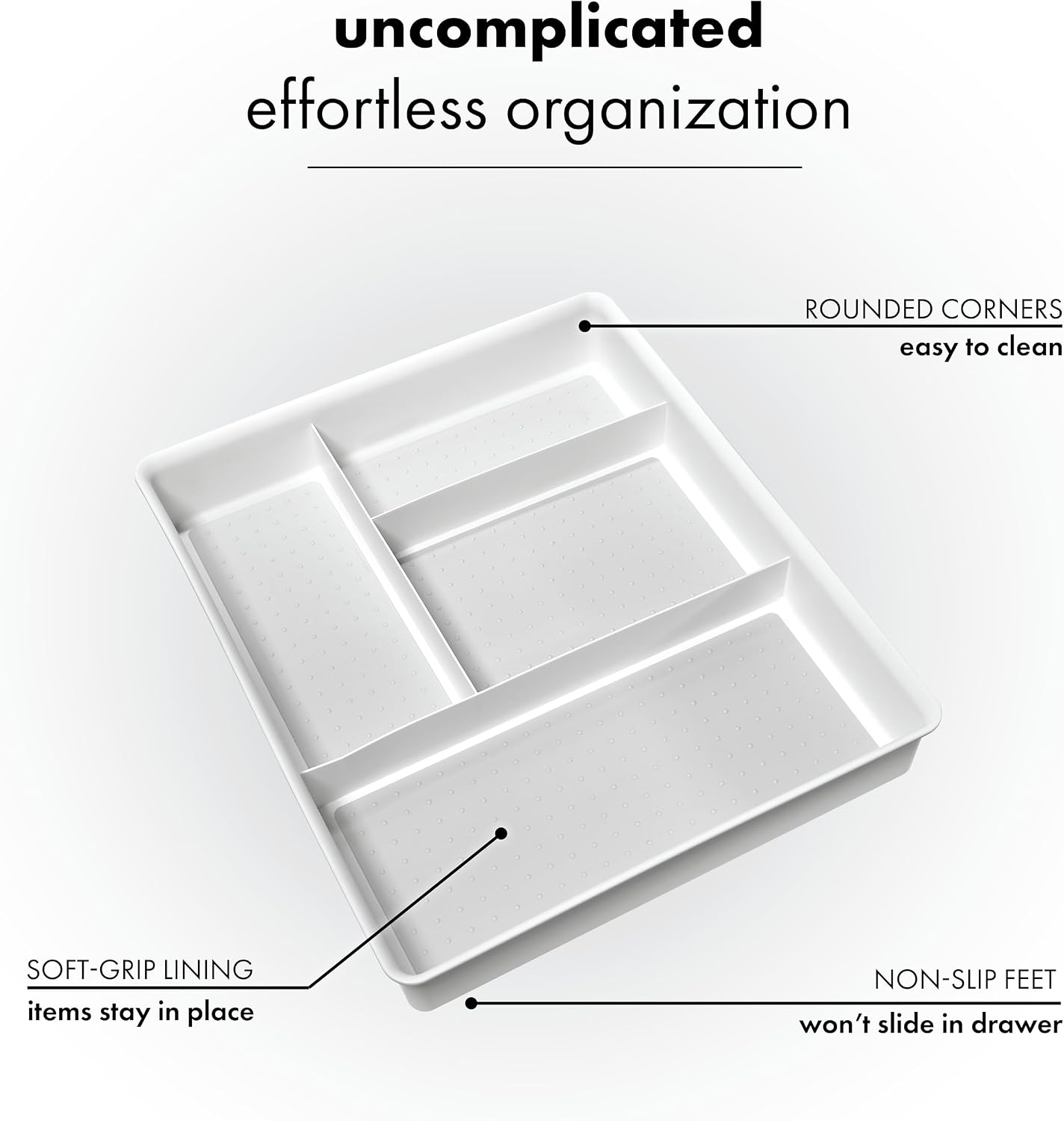 Classic 4 Compartment Drawer Organizer, White | non slip feet, rounded corners, soft grip base, open sections, cords tech accessories, office craft supplies, woman owned