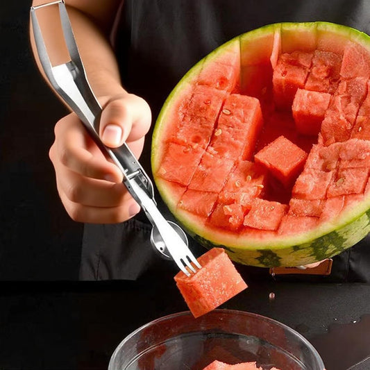 2Packs 3-in-1 Watermelon Fork Slicer,Portable Stainless steel Watermelon Slicer with Melon Baller Scoop Extra,Dual Head Stainless Steel Fruit Forks Knife for Family Parties Camping