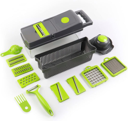 Vegetable Chopper 15-1 with Container - 8 Blades Dicer Chopper Cutter & Slicer - Draining Basket, Peeler, Egg separator, and Many More - Vegetable Chopper for Onions, Potatoes, Tomatoes