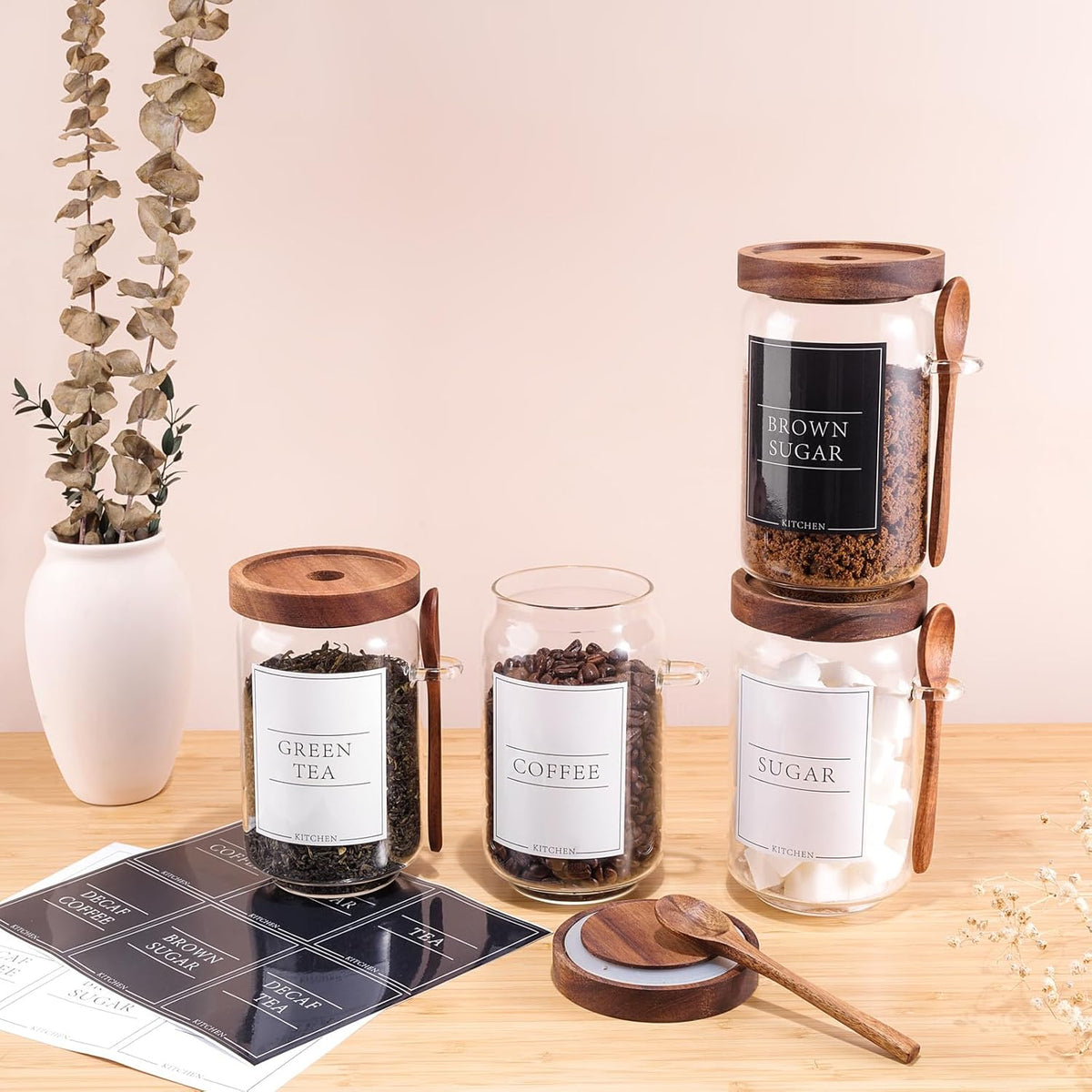 KOSKIMER Coffee and Sugar Container Set, Glass Coffee Jars with Wooden Lids